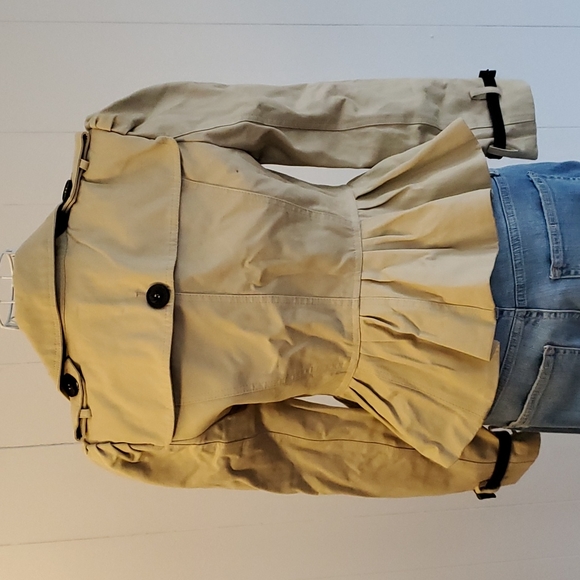 Color Z Women's Short Trench Coat Peplum Puff Shoulder Khaki Sz S - Picture 3 of 4